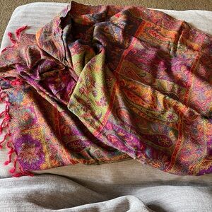 Colorful Paisley Scarf with Rich Jewel Tones & Fringed edges